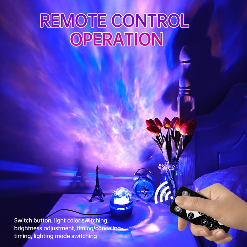 LED galaxy star projector – USB rechargeable night light with remote control & sound-activated modes for Kids room.