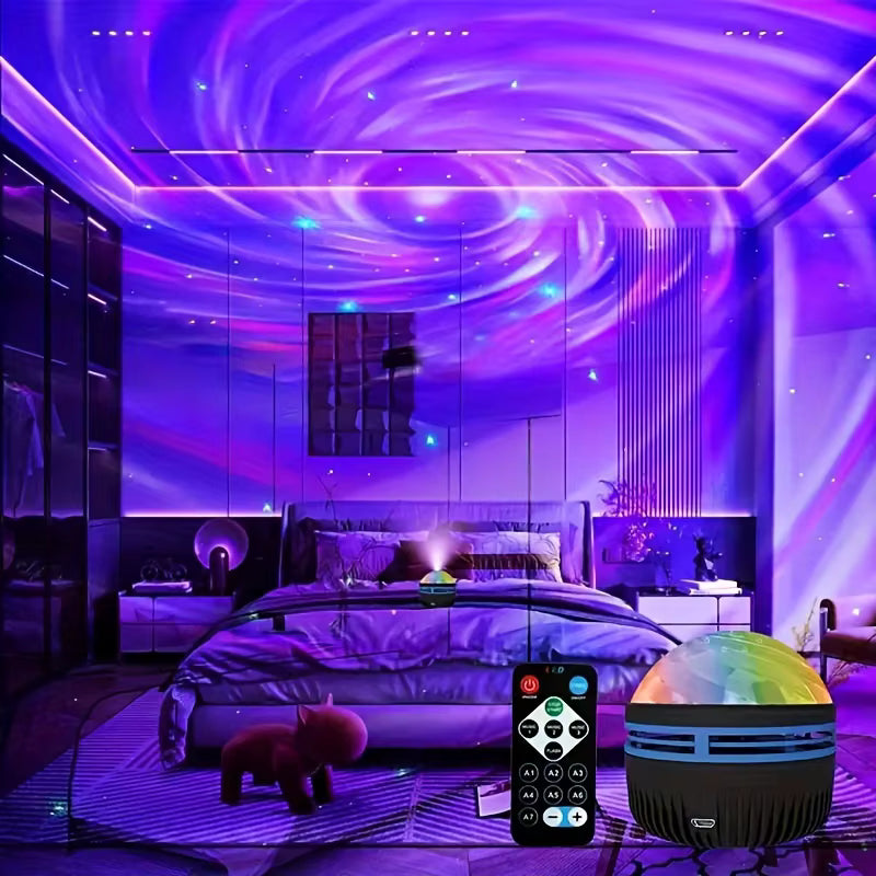 LED galaxy star projector – USB rechargeable night light with remote control & sound-activated modes for Kids room.