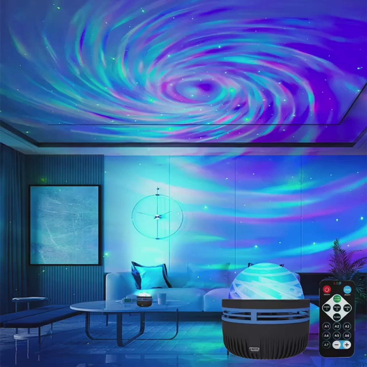 LED galaxy star projector – USB rechargeable night light with remote control & sound-activated modes for Kids room.